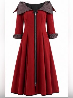NY 77 Brick Red Cotton Cashmere Zip Front Dress Sz10 Avant Garde Dramatic Collar